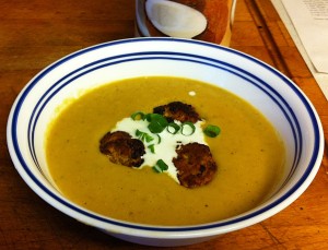 Karl’s Curried Leek and Lentil Soup with Karl’s Chicken Tandoori Meatballs