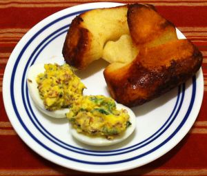 Karl’s Fried Green Onion and Ham Deviled Eggs