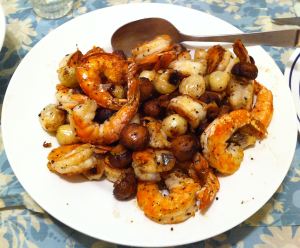 Karl’s Szechuan Salt & Pepper Shrimp with Grilled Pearl Onions and Mushrooms